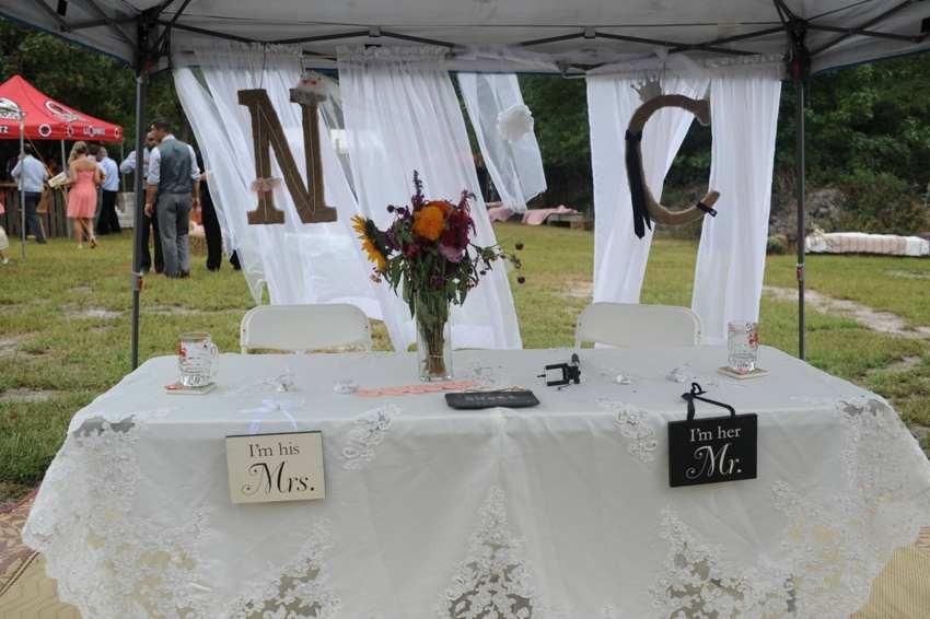 Wedding sweetheart table with flowers, candles and personalized decorations